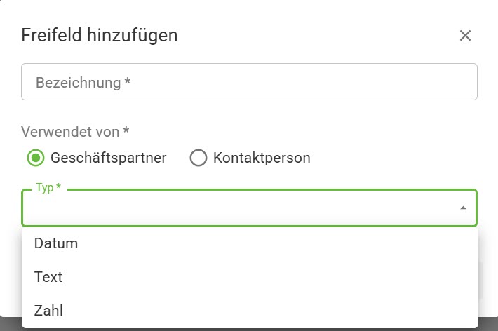 Freie Felder-hinzufügen-Typauswahl