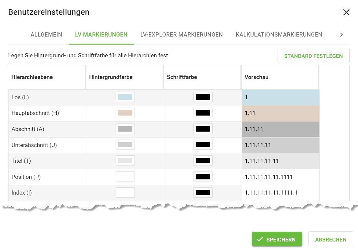 Benutzereinstellungen_LV-Markierungen