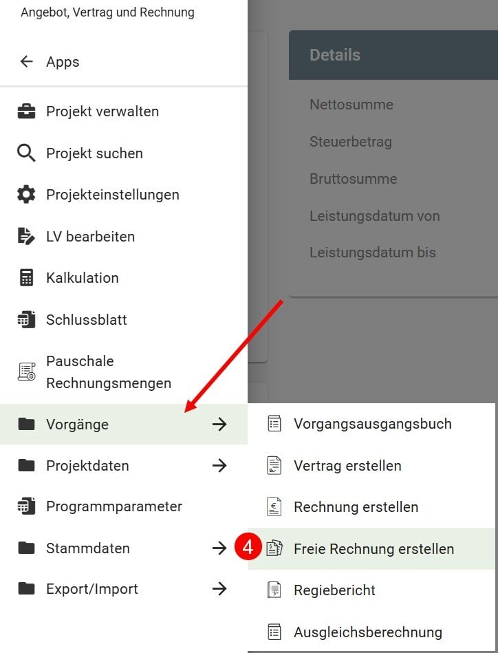 AVR_Vorgänge_Freie Rechnung erstellen-aus Vertrag-Start