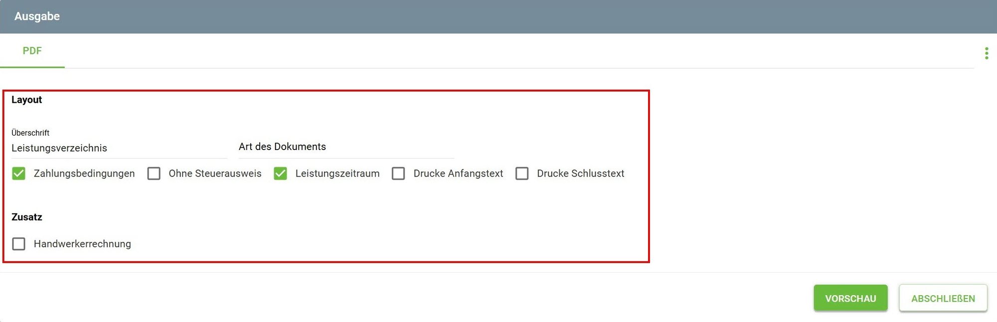 AVR_Vorgänge_Freie Rechnung erstellen-Ausgabe-PDF-Einstellungen