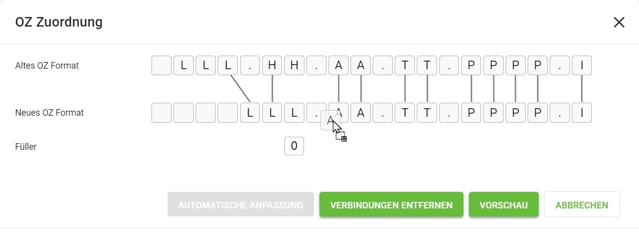 AVR_LV-erstellen_OZ-Definition ändern_OZ-Zuordnung_Automatische Anpassung drag-drop mit Füller