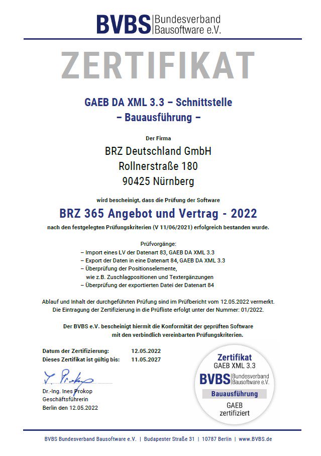 BVBS-Zertifikat_GAEB_BRT 365 Bautechnik_Angebot und Vertrag